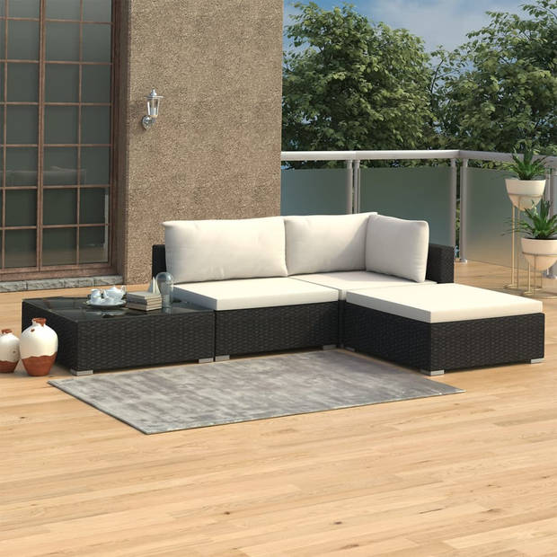 The Living Store Rattan loungeset - Hoekbank - Middenbank - Voetensteun - Salontafel - Zwart - PE-rattan en stalen