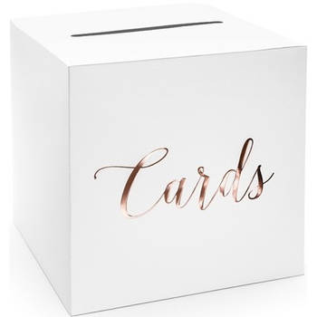 Witte housewarming enveloppendoos met rosegouden tekst 24 cm van karton - Feestdecoratievoorwerp