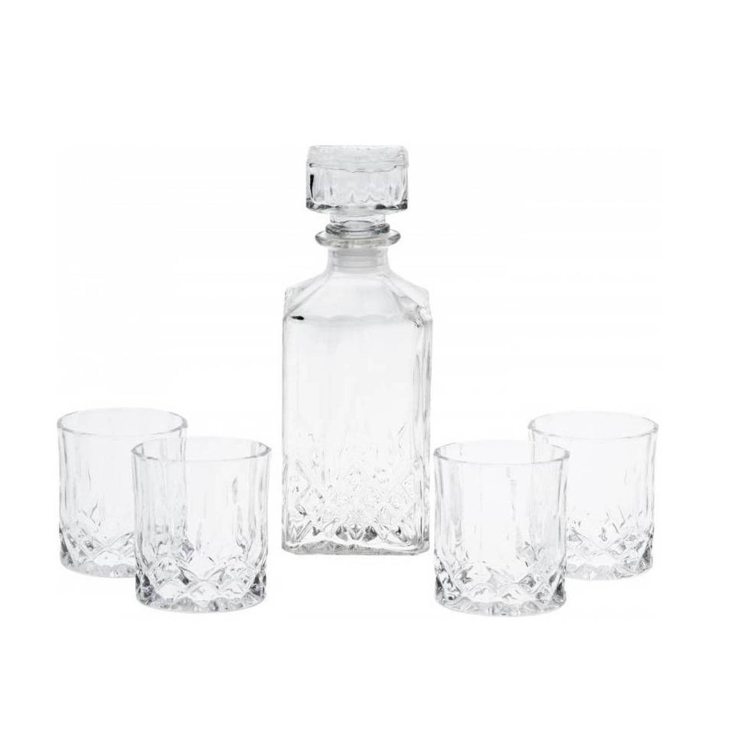 Karaf glas met dop en 4 glazen