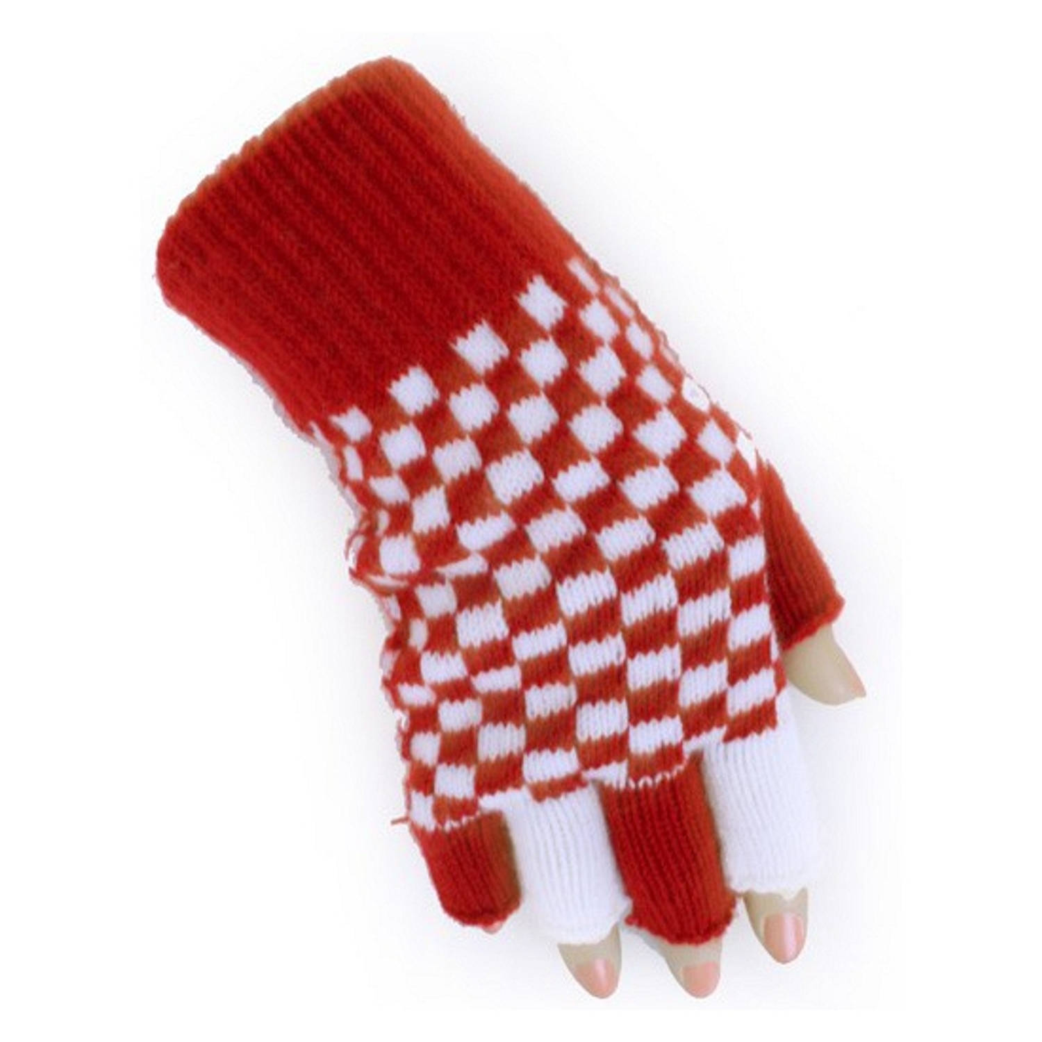 Vingerloze handschoen rood/wit geblokt