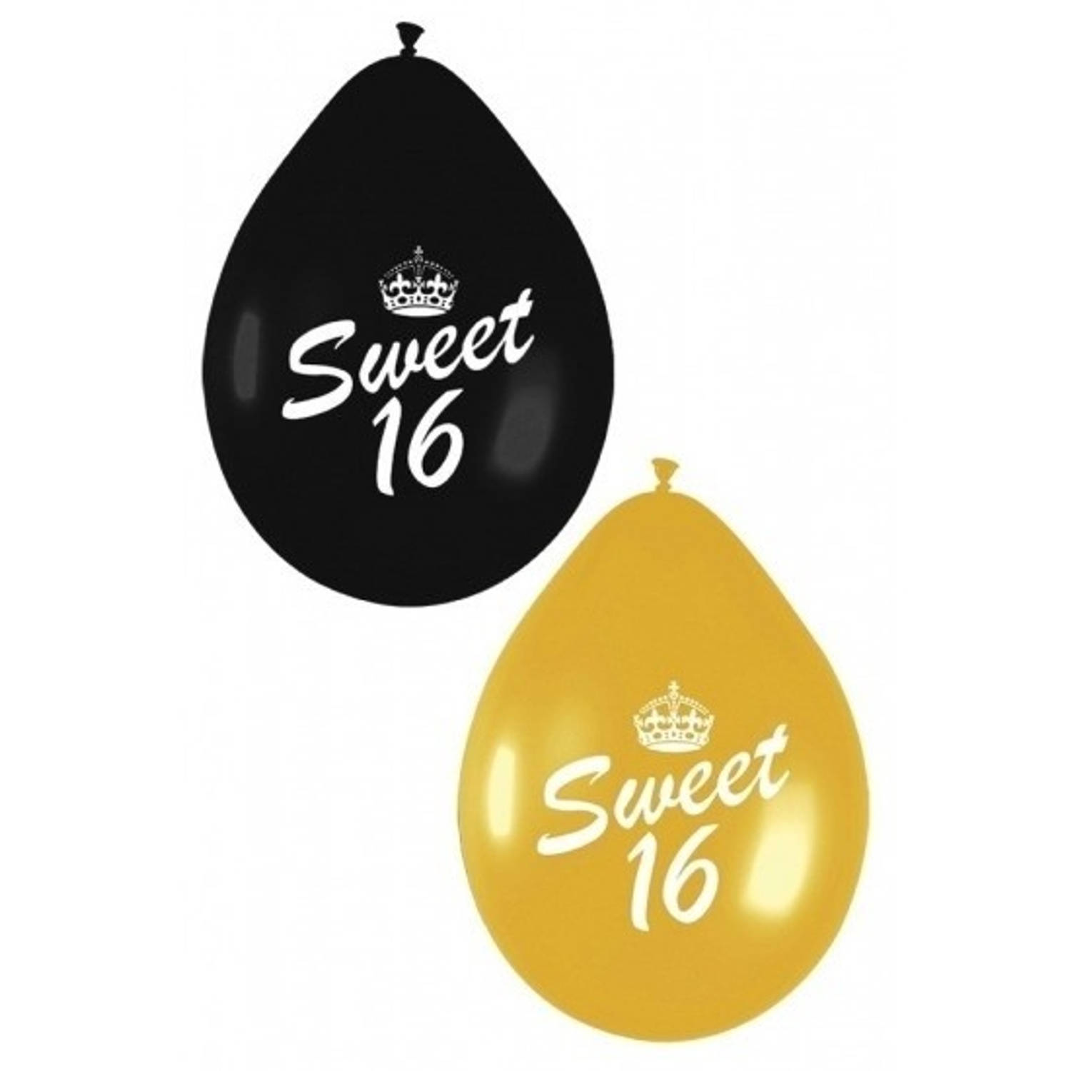 18x Sweet 16 ballonnen zwart/goud - Ballonnen