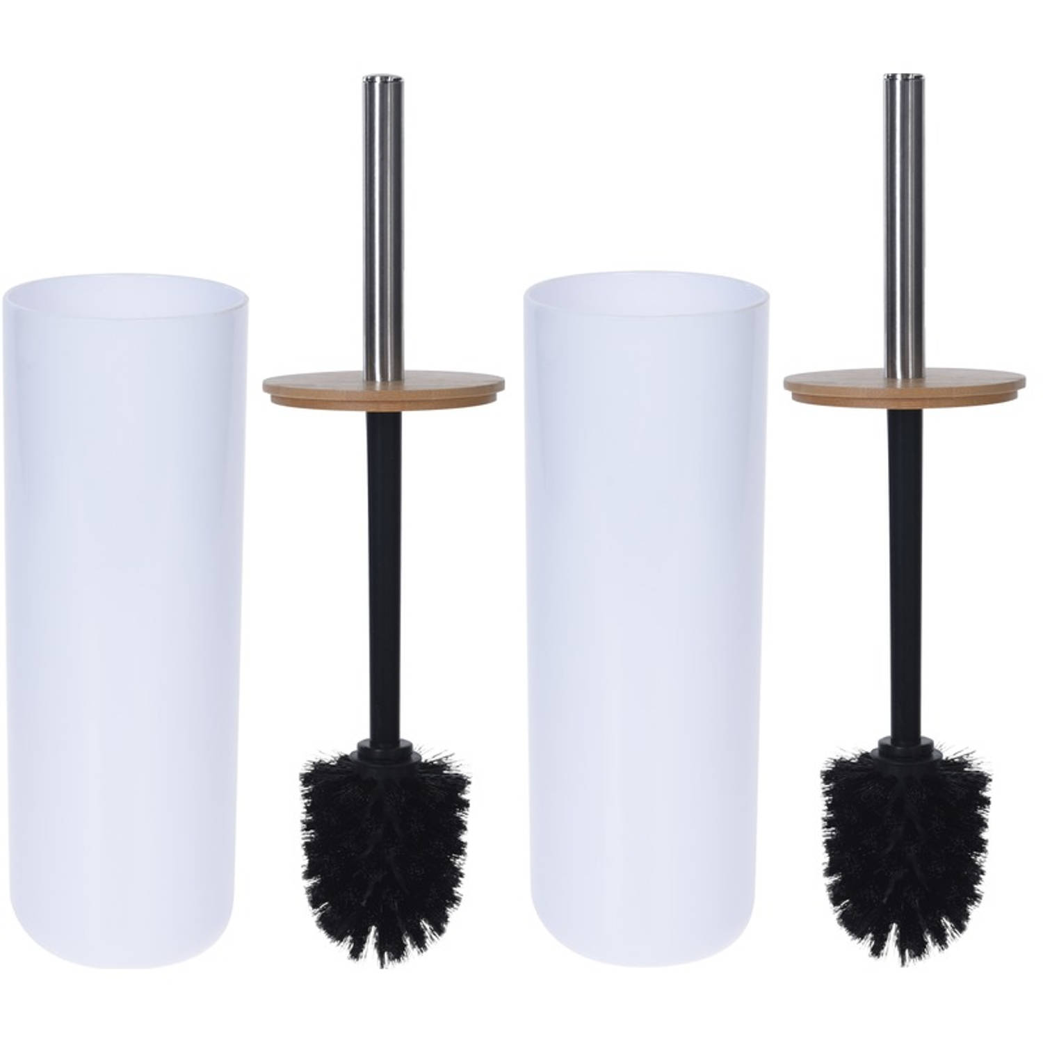 2x Witte toiletborstel houders met bamboe 26 cm Badkamer-toiletaccessoires Wc-borstel houders