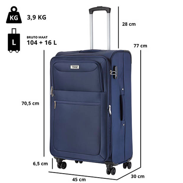 TravelZ Softspinner TSA Kofferset - 3-delige zachte Trolleyset - Blauw