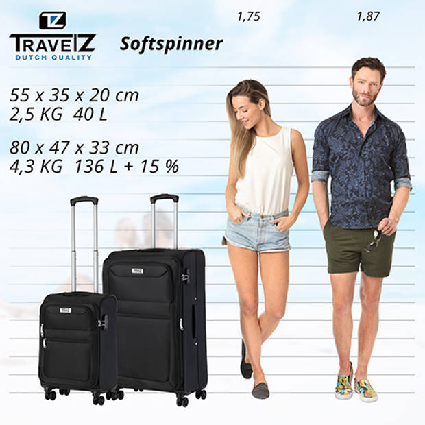 TravelZ Softspinner TSA Kofferset - 2-delig Handbagage + groot formaat - Dubbele wielen - Zwart
