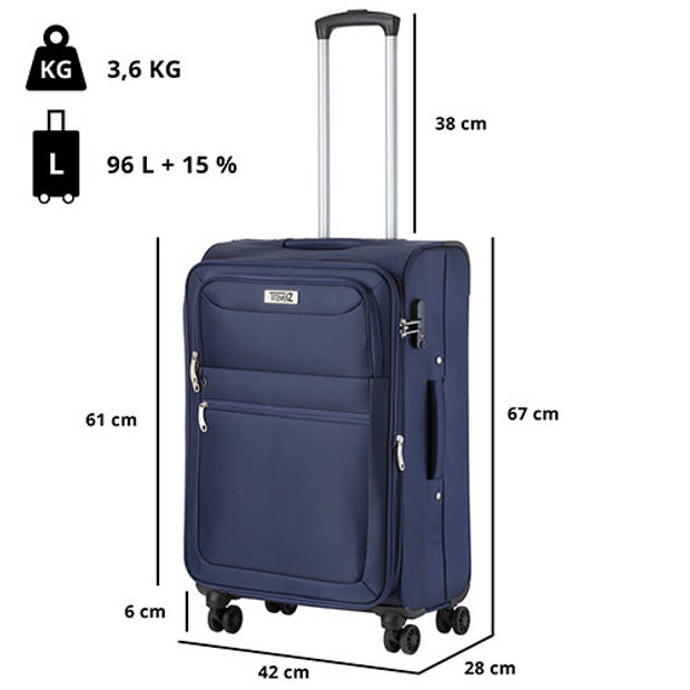Travelz Softspinner TSA Middenmaat Reiskoffer 67cm - Met expander 74+11 Ltr - Blauw