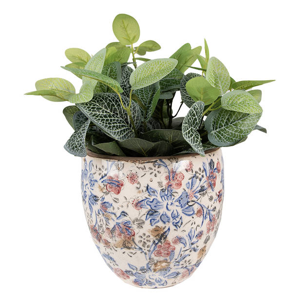 HAES DECO - Bloempot Ø 18x17 cm Blauw Beige Keramiek Rond Bloemen Bloempot binnen Plantenpot Plant pot