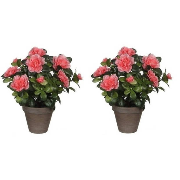 2x Groene Azalea kunstplanten met perzikkleurige bloemen 27 cm met pot stan grey - Kunstplanten