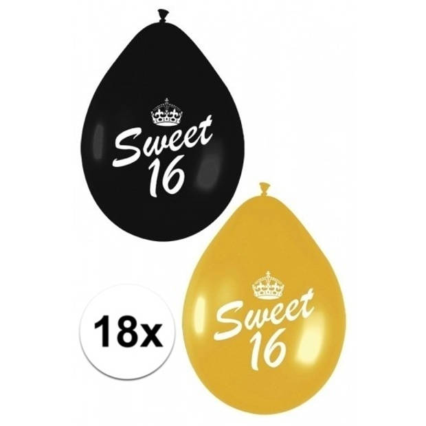 18x Sweet 16 ballonnen zwart/goud - Ballonnen