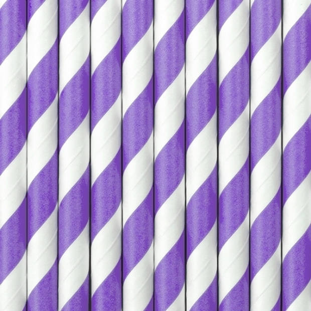 60x stuks gestreepte rietjes van papier lila paars/wit - Drinkrietjes