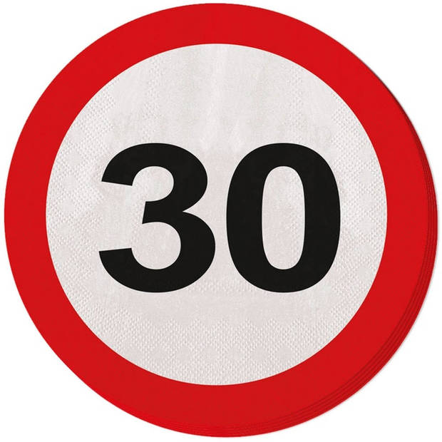 40x Dertig/30 jaar feest servetten verkeersbord 33 cm rond verjaardag/jubileum - Feestservetten
