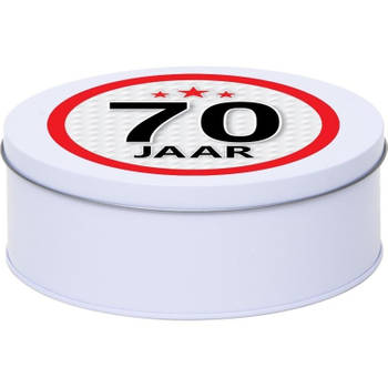 Wit bewaarblik/opbergblik 18 cm met 70 jaar sticker - Cadeaudoosjes