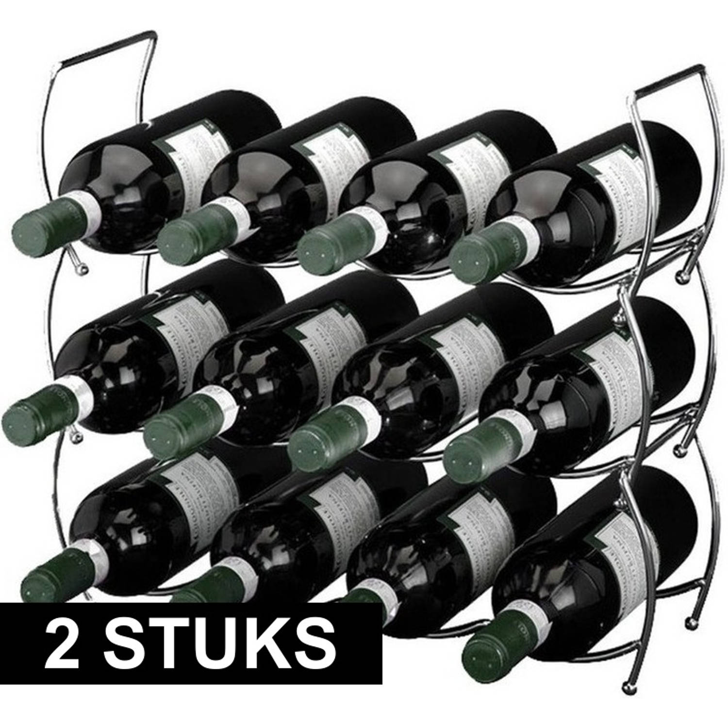2x Wijnrek 3-delig voor 12 flessen stapelbaar-stackable verchroomd RVS Wijnrekken