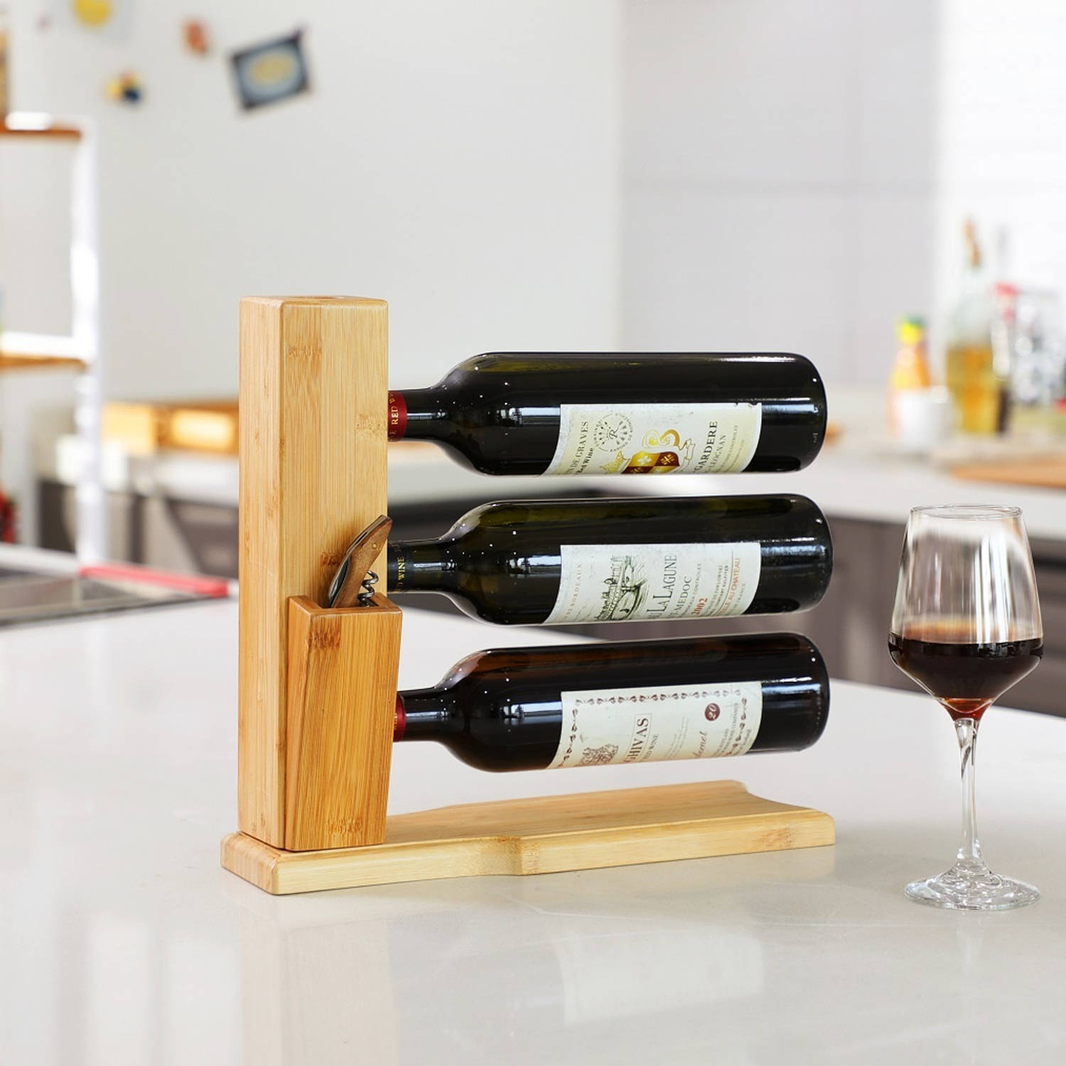 In werkelijkheid reptielen tekst Wijnrek van bamboe hout voor 3 flessen wijn - Design wijnflessenrek - |  Blokker