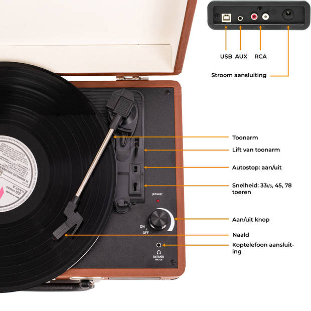 Denver Retro Platenspeler - Ingebouwde Speakers - Digitaliseren - Auto-stop Functie - Phono - VPL120 - Bruin