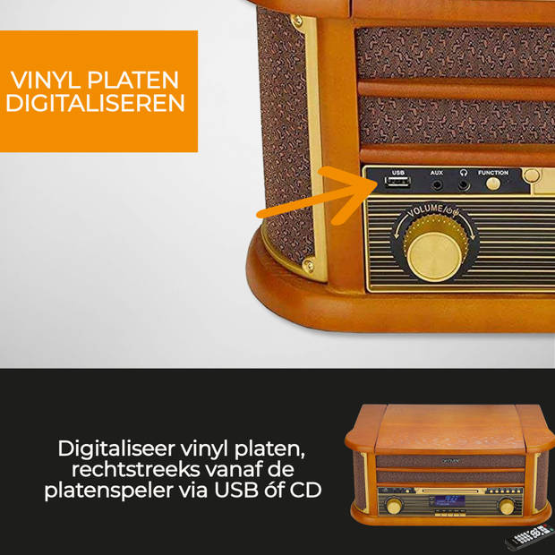 Denver Retro Platenspeler - Ingebouwde Speakers en Versterker - DAB Radio - Radio CD Speler - MRD51 - Hout