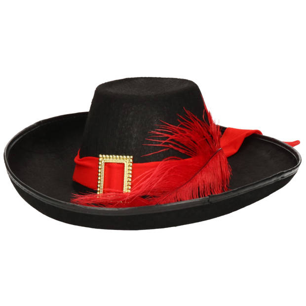 Piraten kapitein carnaval verkleed hoed zwart en rode veer - Verkleedhoofddeksels