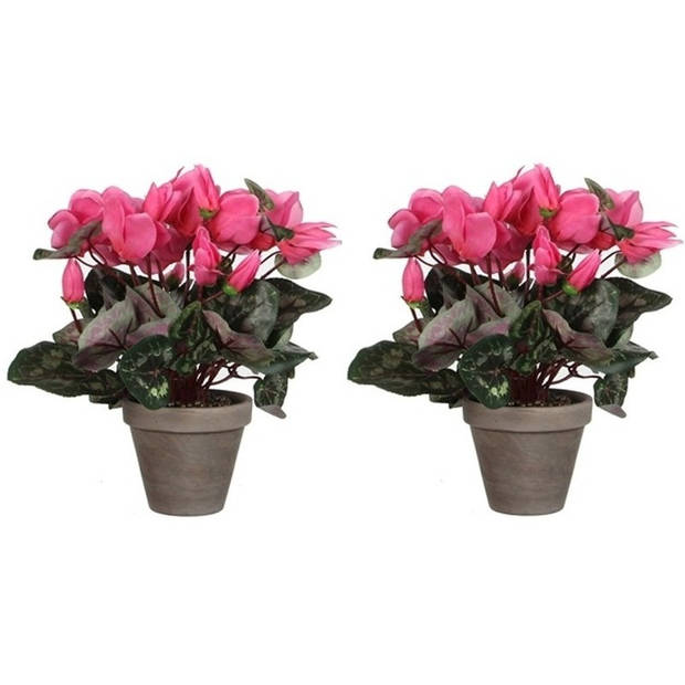 2x Roze cycklamen kunstplanten 30 cm met oranje bloemen en grijze pot - Kunstplanten