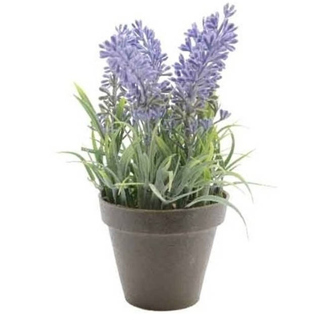 2x Groene Lavandula lavendel kunstplanten 17 cm met zwarte pot - Kunstplanten
