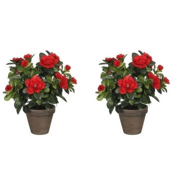 2x Groene Azalea kunstplanten met rode bloemen 27 cm met pot stan grey - Kunstplanten