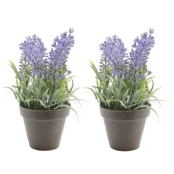 2x Groene Lavandula lavendel kunstplanten 17 cm met zwarte pot - Kunstplanten