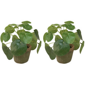2x Groene kunstplanten pilea planten in pot 13 cm - Kunstplanten