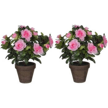 2x groene Azalea kunstplanten met roze bloemen 27 cm met pot stan grey - Kunstplanten