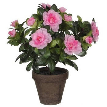 2x Groene Azalea kunstplanten met roze bloemen 27 cm met pot stan grey - Kunstplanten