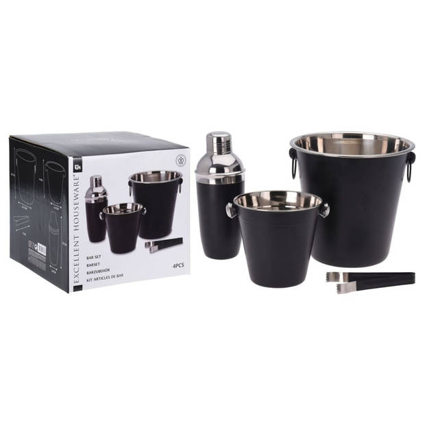 RVS barset / cocktailset / giftset met cocktailshaker 4-delig mat zwart - Cocktailshakers