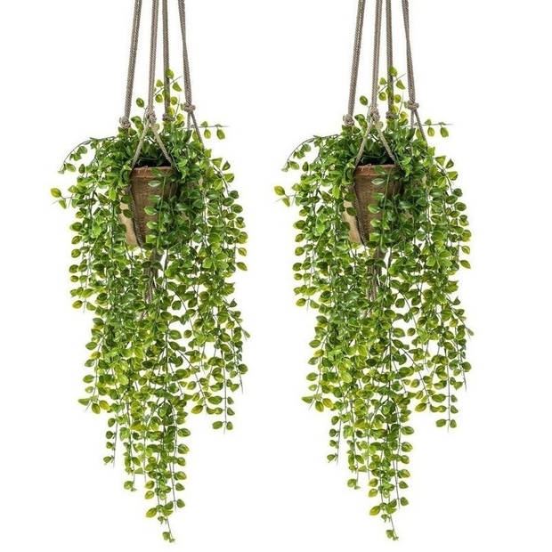 2x Groene hangende kunstplant ficus plant in pot - Kunstplanten