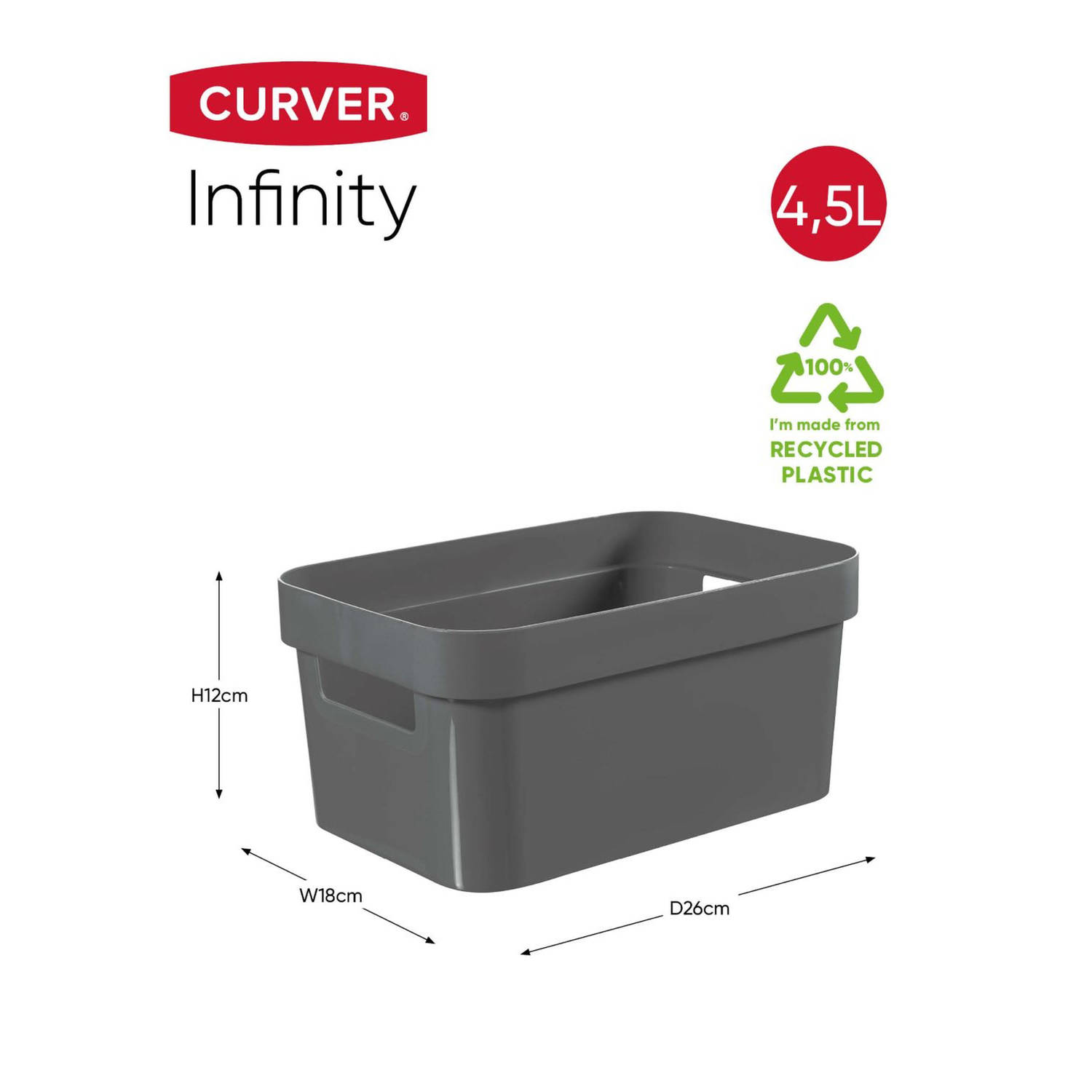 Curver Infinity opbergbox - 4,5L - 100% Recycled - Donkergrijs Blokker