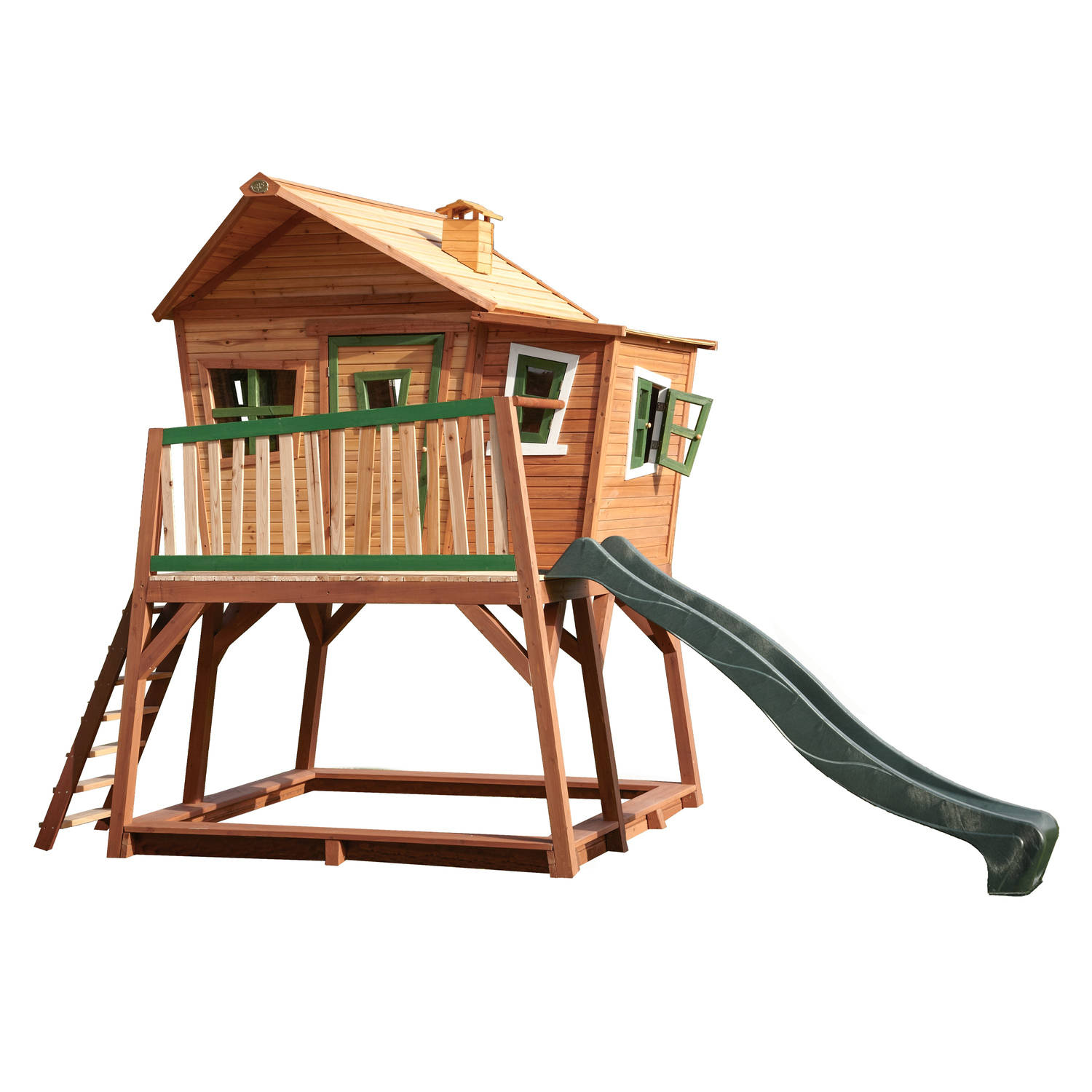 AXI Max Speelhuis in Bruin/Groen - Met Verdieping, Zandbak en Groene Glijbaan - Speelhuisje voor de tuin / buiten - FSC hout - Speeltoestel voor kinderen