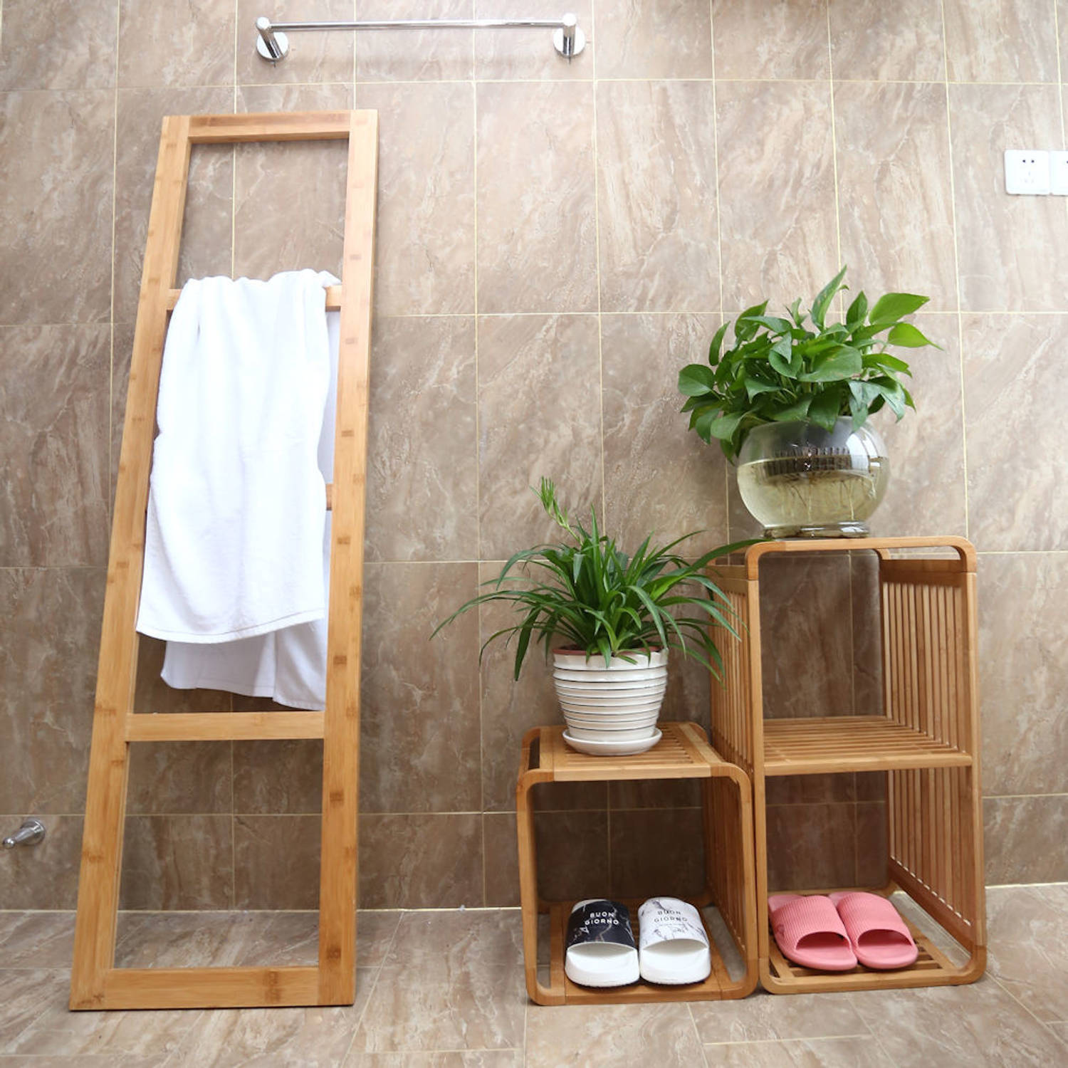 Staande Bamboe Ladder Rek - badkamer handdoekhouder voor |