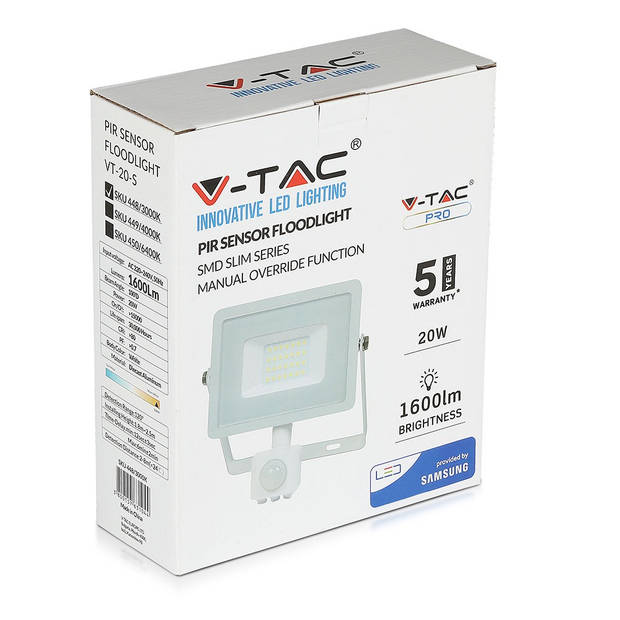 V-TAC VT-20-S-W Draaibare LED Schijnwerpers met PIR Sensor - Samsung - IP65 - Wit - 20W - 1600 Lumen - 4000K - 5 Jaar