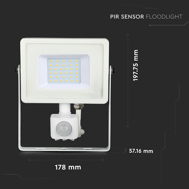 V-TAC VT-30-S-W Draaibare LED Schijnwerpers met PIR Sensor - Samsung - IP65 - Wit - 30W - 2400 Lumen - 3000K - 5 Jaar