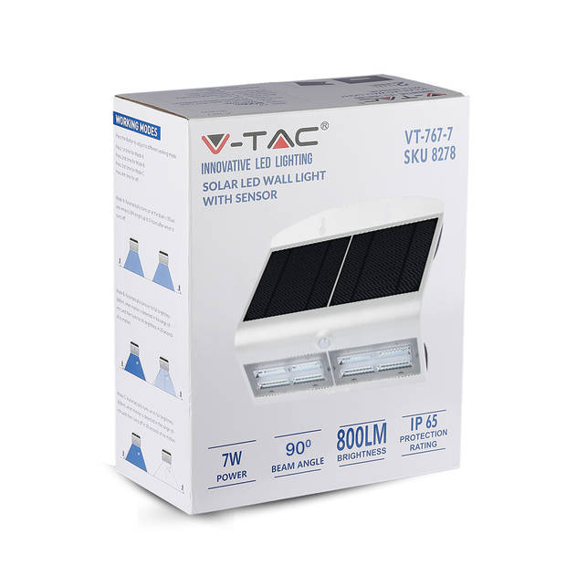 V-TAC VT-767-7-W Witte Solar wandlamp - IP65 - 8W - 850 Lumen - 4000K