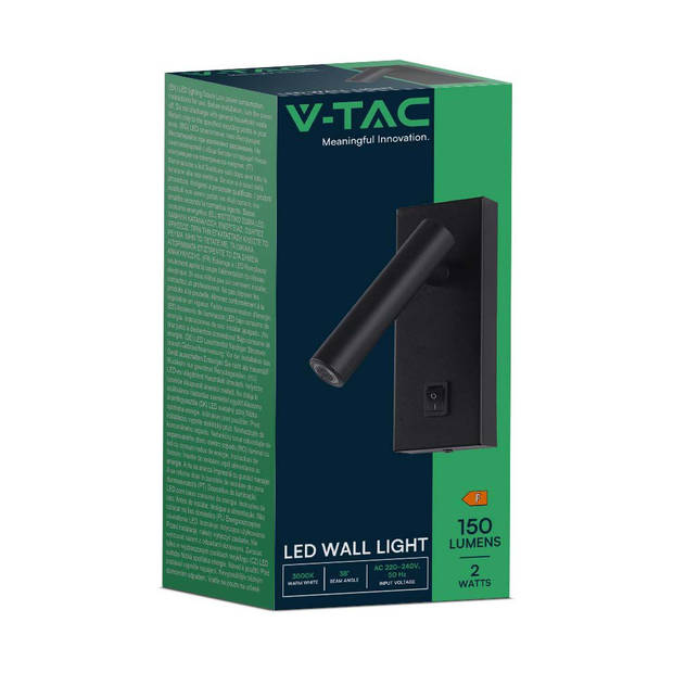 V-TAC VT-402-B LED Wandlamp - Enkele kop - IP20 - Zwarte behuizing - 2 Watt - 150 Lumen - 3000K