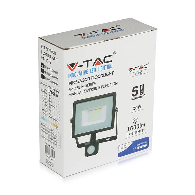 V-TAC VT-20-S-B Draaibare LED Schijnwerpers met PIR Sensor - Samsung - IP65 - Zwart - 20W - 1600 Lumen - 3000K - 5 Jaar