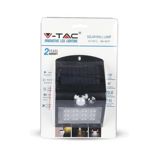 V-TAC VT-767-2-B Zwarte Solar wandlamp - IP65 - 1.5W - 220 lumen - 4000K