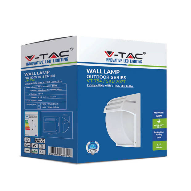 V-TAC wandlamp VT-754 60W E27 aluminium/glas wit
