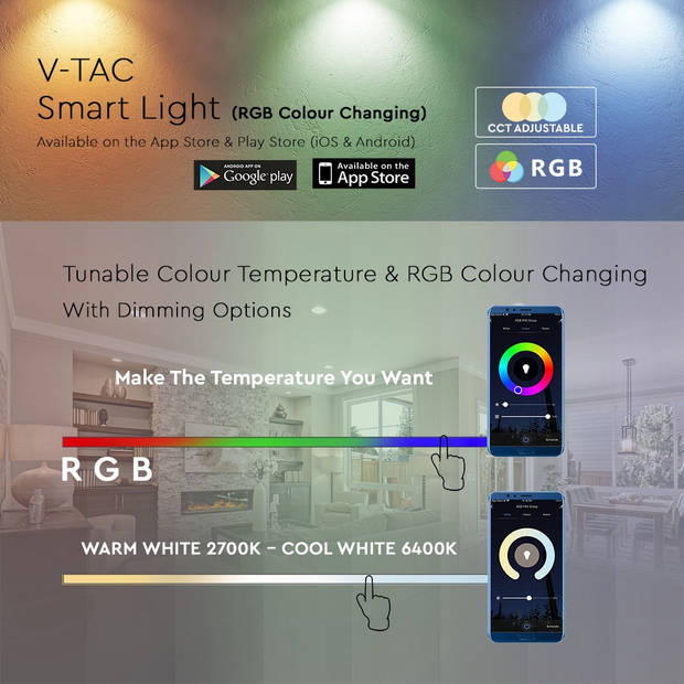 V-TAC VT-5124 Slimme LED-lampen - Slimme Lampen - IP20 - Wit - 5 Watt - 470 Lumen - RGB+3IN1