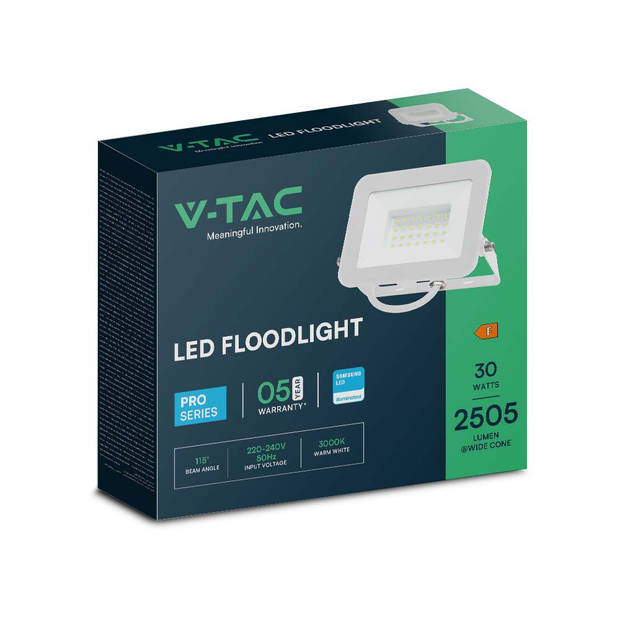 V-TAC VT-44030-W LED schijnwerpers - Samsung - IP65 - Witte behuizing - 30 watt - 2505 lumen - 3000K - 5 jaar
