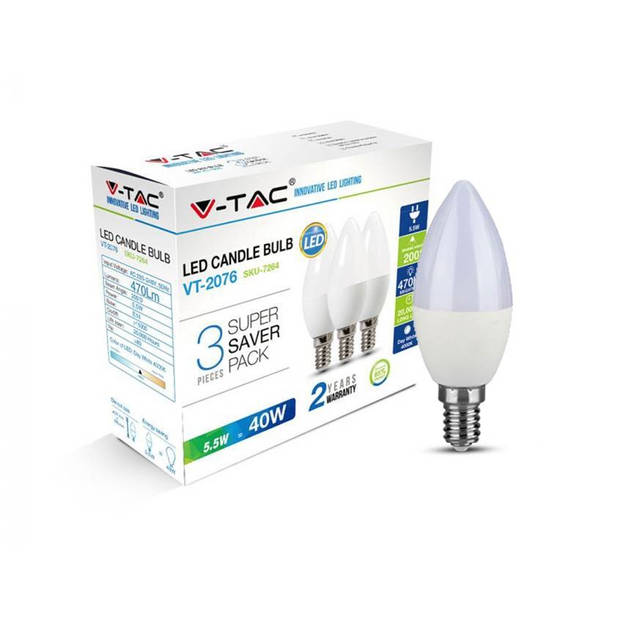 V-tac VT-2076 3-pack LED lampen kaars - E14 - 5.5W - 470 Lm - 2700K