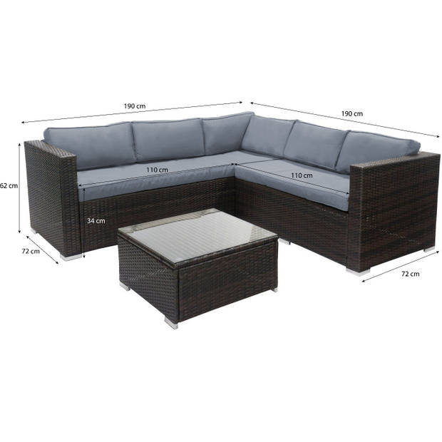 Loungeset Charles met glasplaat bruin tuinset hoekbank wicker