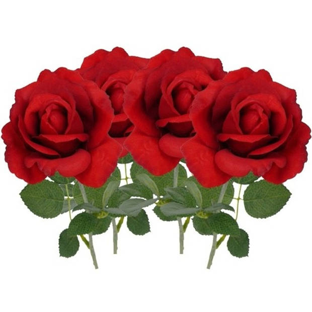 4x Kunstbloemen roos rood 37 cm - Kunstbloemen