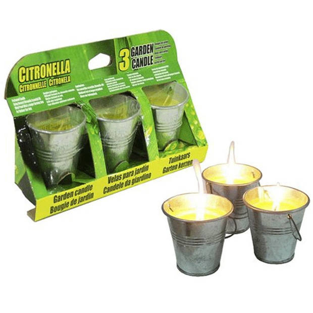 Set van 3x citronella anti muggen kaarsen in een emmertje - geurkaarsen