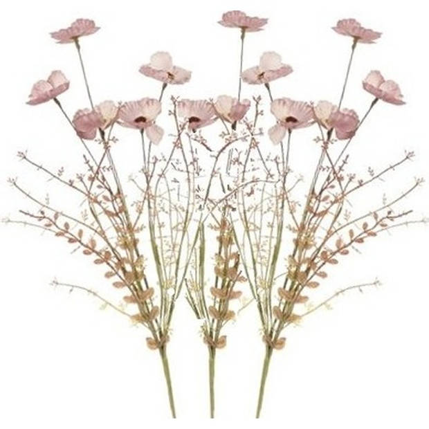 3x Roze papaver/klaproos gedroogde kunstbloemen 53 cm - Kunstplanten
