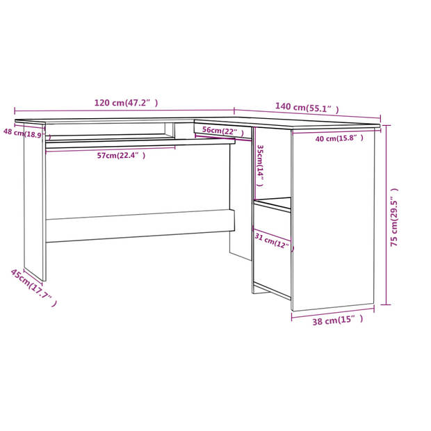 The Living Store Hoekbureau - L-vormig - Bewerkt hout - 120 x 140 x 75 cm - Sonoma eiken