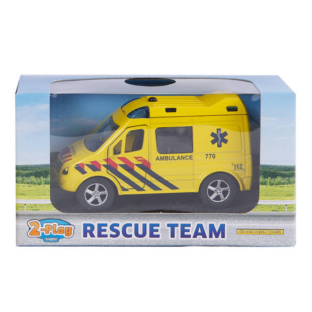 2-Play ambulance pull-back met licht en geluid 11 cm geel