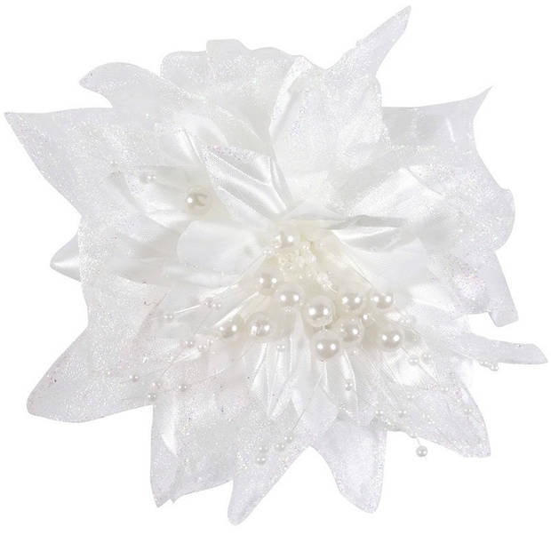 Bruiloft/huwelijk corsage wit 12 cm met bloem en parels - Trouwerij corsage speldjes/pins - Bruiloft thema wit