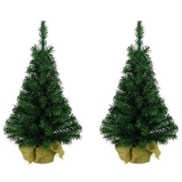 2x Kerst kunstbomen groen in jute zak 45 cm - Kunstkerstboom